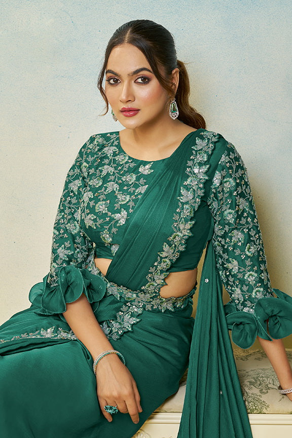 Green Chiffon Satin Silk Pearl Handwrok Ready to Wear Saree