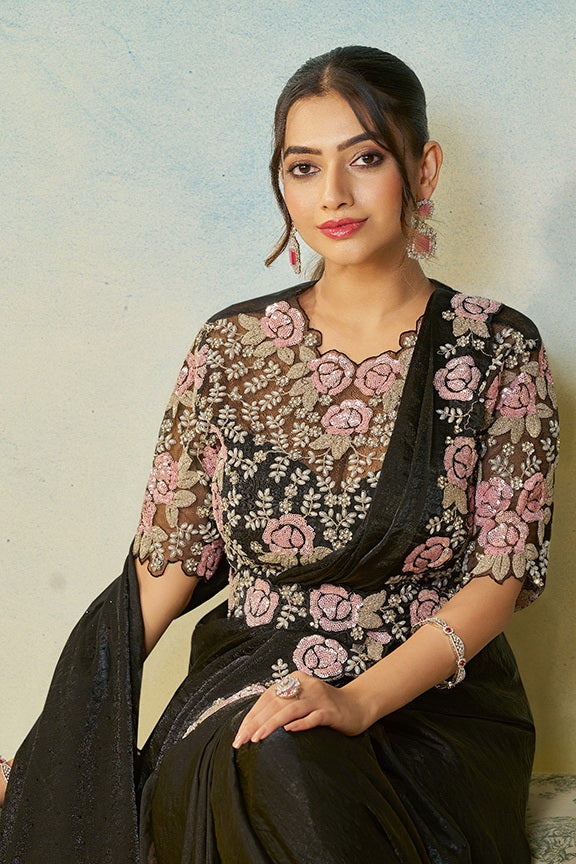 Black Two Tone Satin Silk Stone Handwork Ready to Wear Saree