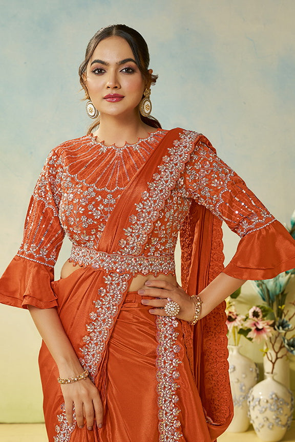 Rust Natural Satin Silk Stone Handwork Ready to Wear Saree