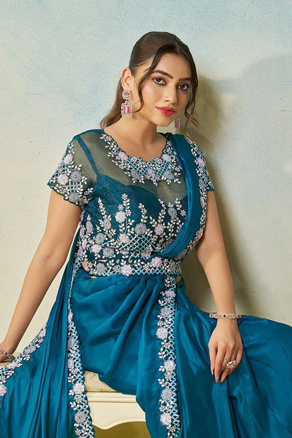 Teal Blue Satin Silk Handwork Ready to Wear Saree