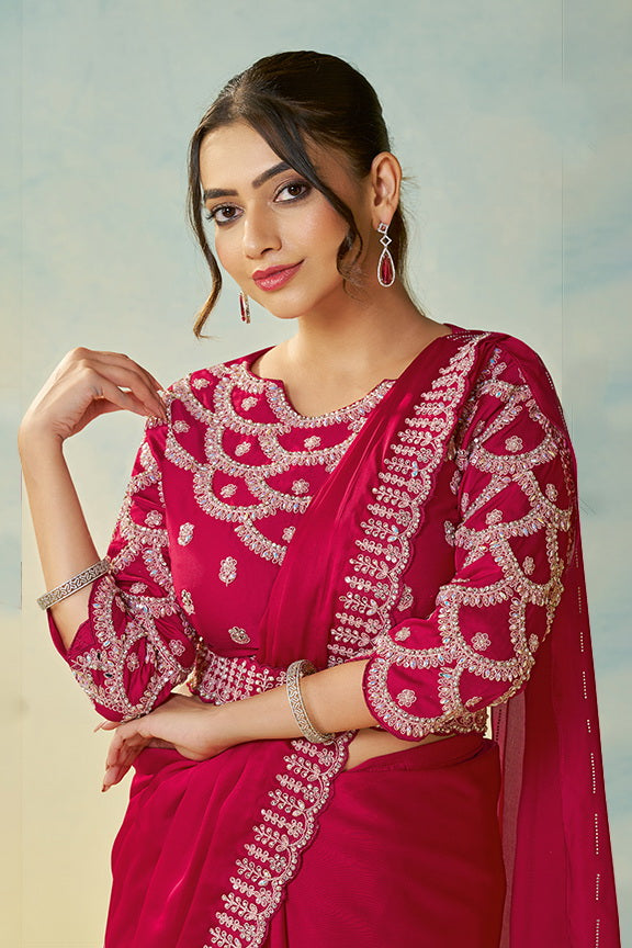 Rani Satin Silk Handwork Ready to Wear Saree