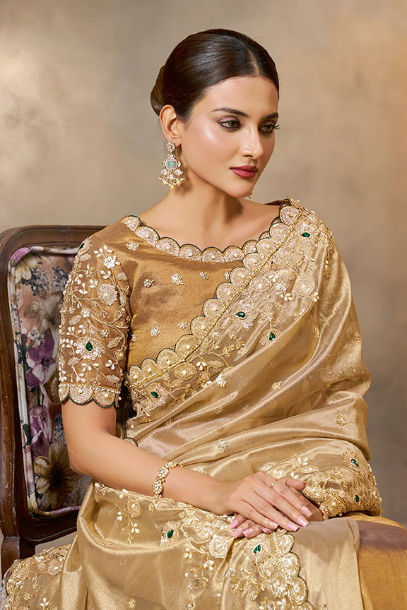 Golden Cora Zari Tissue Silk Handwork Designer Saree