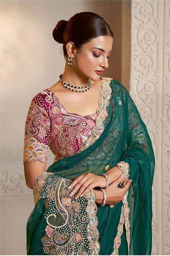 Peacock Green Organza Satin Handwork Designer Saree