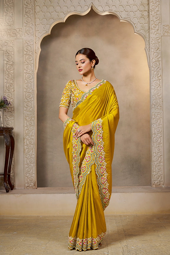 Yellow Soft Satin Silk Handwork Designer Saree