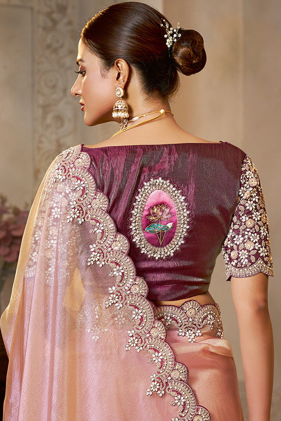 Pink Zari Organza Silk Handwork Designer Saree