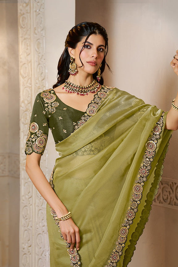 Light Green Organza Satin Handwork Designer Saree