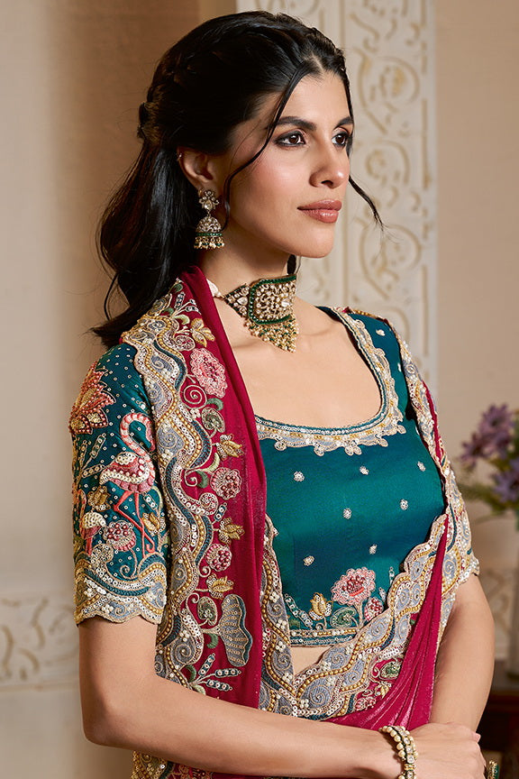 Rani Two Tone Satin Silk Handwork Designer Saree