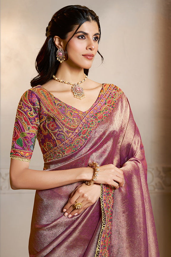 Purple Kanjivaram Jaquard Silk Handwork Designer Saree