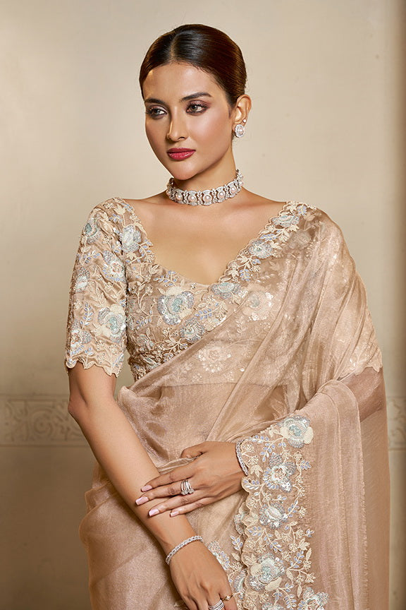 Dusty Peach Organza Crush Satin Handwork Designer Saree