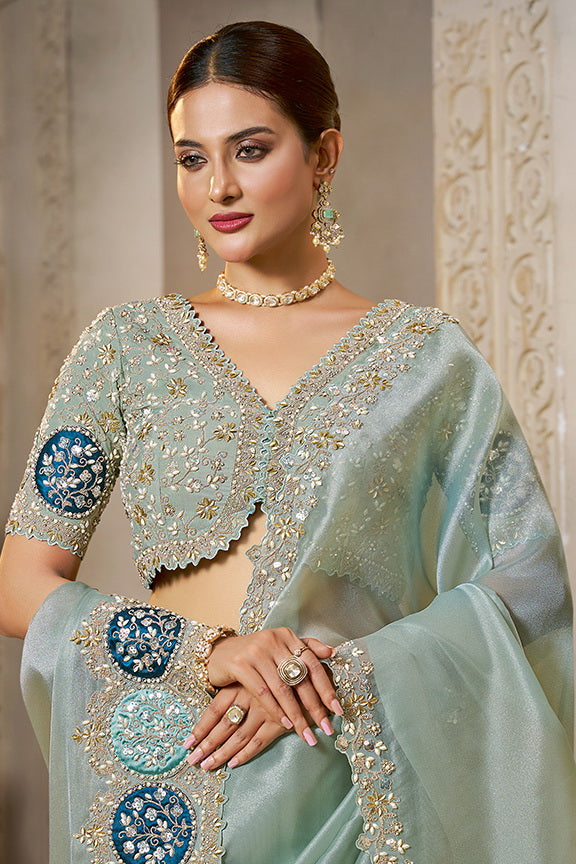 Light Grey Organza Tissue Silk Handwork Designer Saree