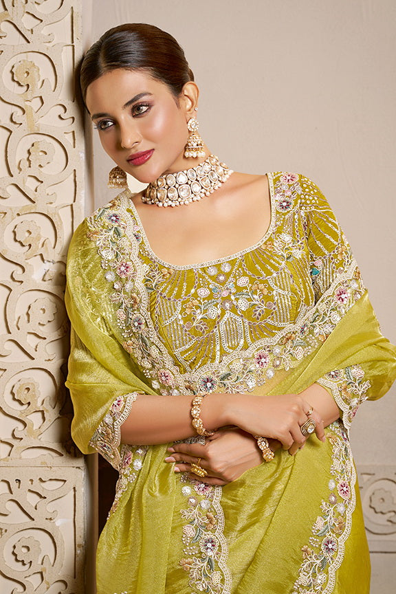 Yellow Organza Satin Threads Embroidery work Designer Saree