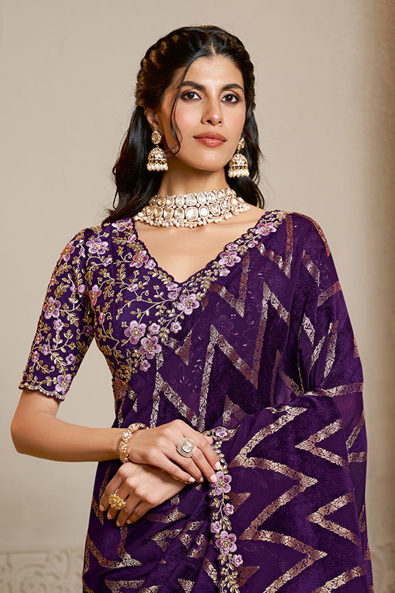 Purple Pure Jacquard Velvet Silk Handwork Designer Saree