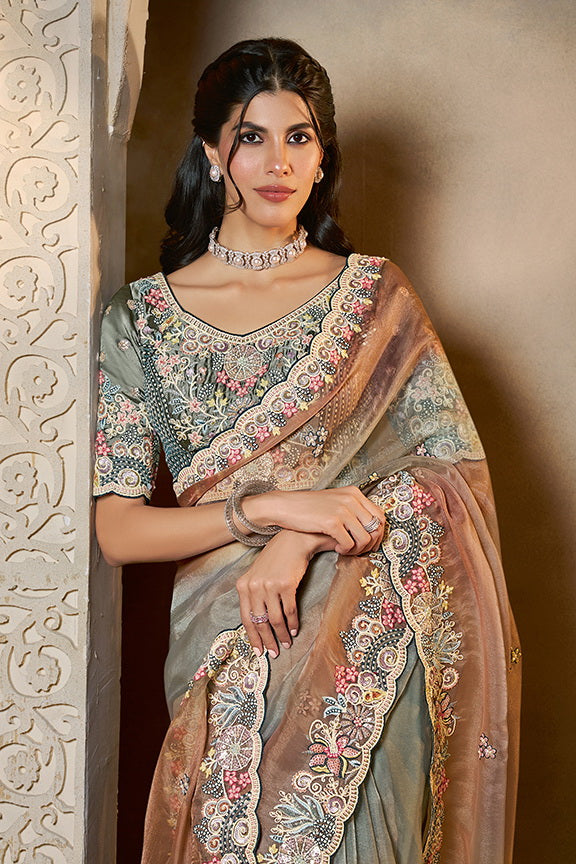 Shaded Grey Organza Satin Handwork Designer Saree