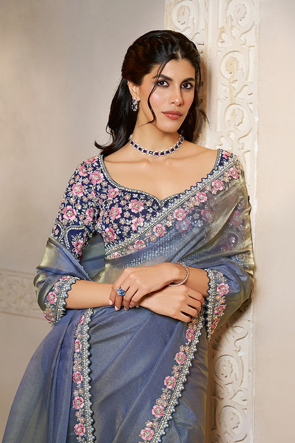 Grey Organza Satin Handwork Designer Saree