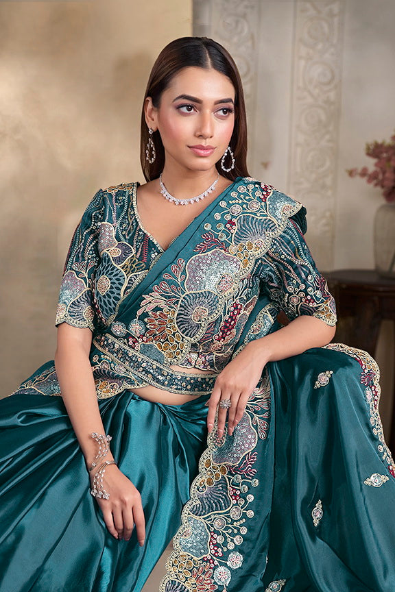 Blue Crush Satin Silk Designer Saree