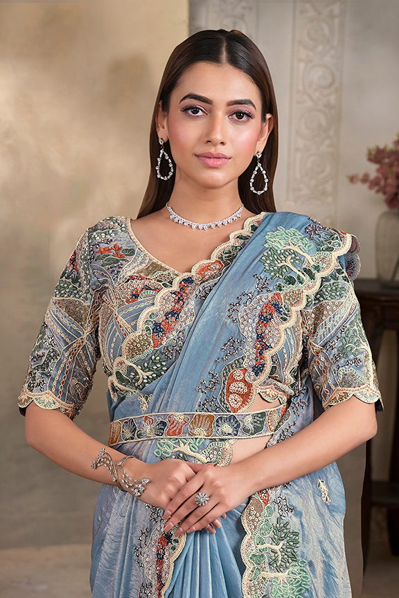 Light Blue Two Tone Satin Silk Designer Saree