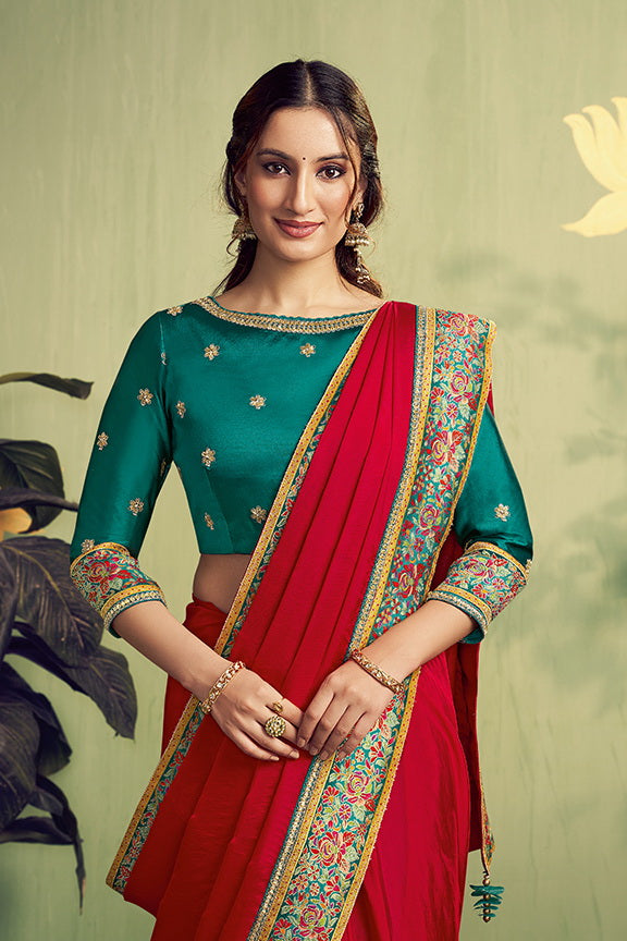 Red Zari Rangkat Beads Embroidery Saree