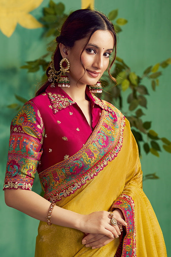 Yellow Rangkat Woven Sequence Embroidery Saree