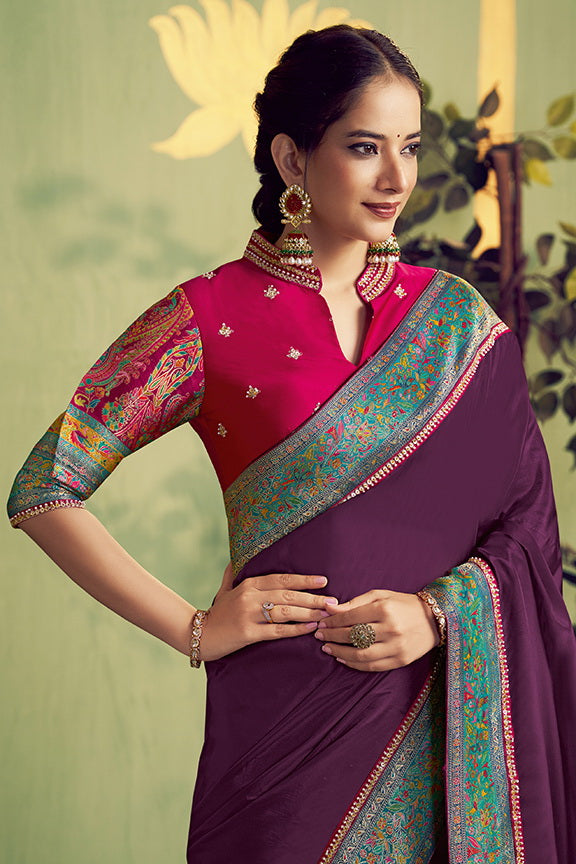 Wine Banarasi Rangkat Beads Embroidery Saree