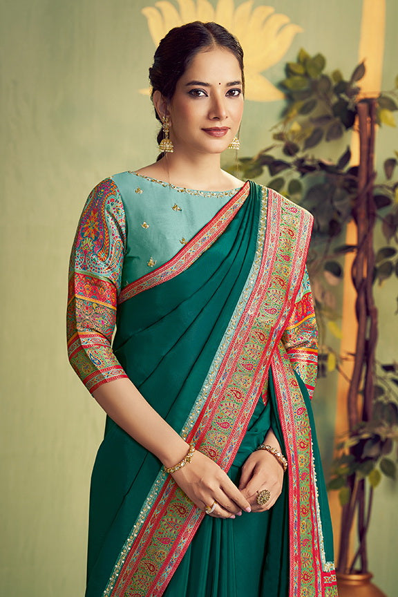 Teal Banarasi Rangkat Embroidery Saree