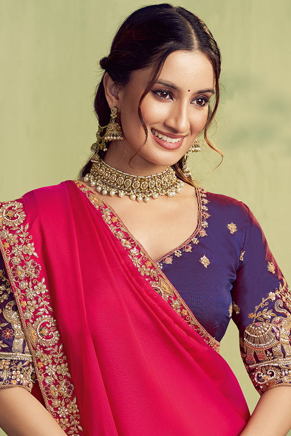 Pink Two Tone Kora Satin Stone Handwork Saree