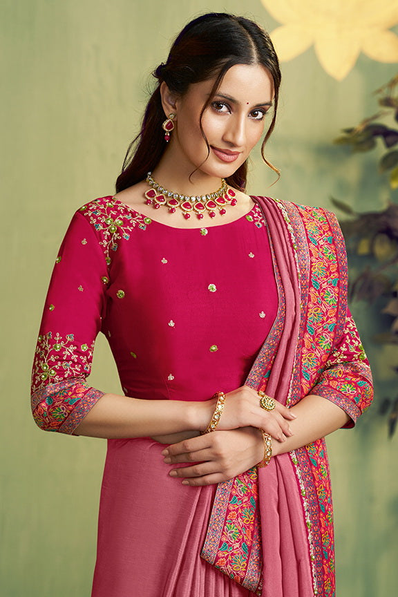 Mauve Pink Rangkat Woven Handwork Saree