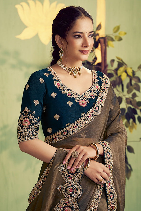 Navy Blue Zari Organza Satin Handwork Saree