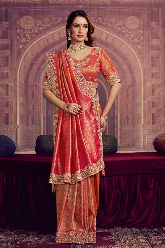 Rani Pink Kanjivaram Pure Zari Silk Embroidery Work Designer Saree