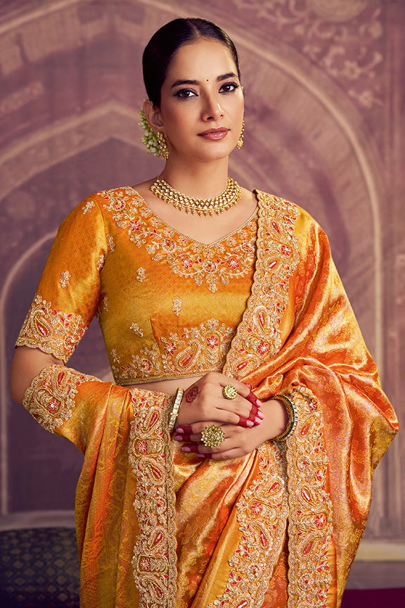 Saffron Gold Kanjivaram Pure Zari Silk HandWork Designer Saree