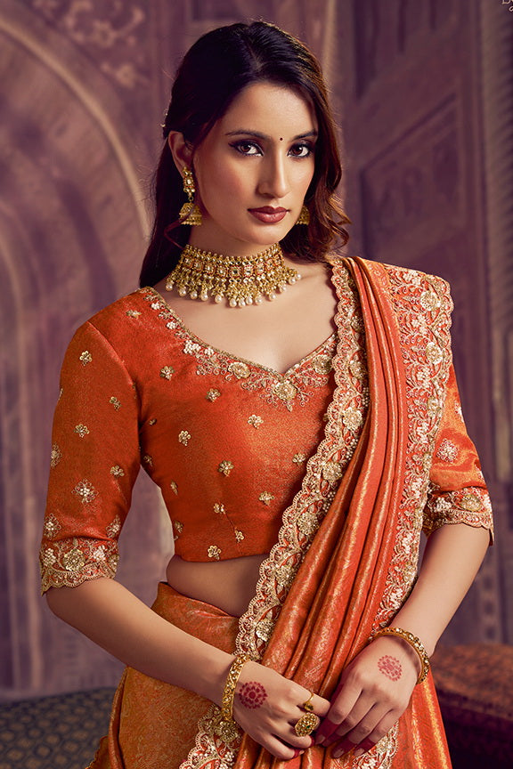 Orange Kanjivaram Pure Zari Silk HandWork Designer Saree
