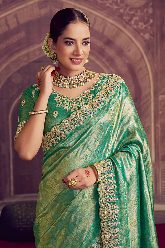 Rama Kanjivaram Pure Zari Silk Embroidery Work Designer Saree