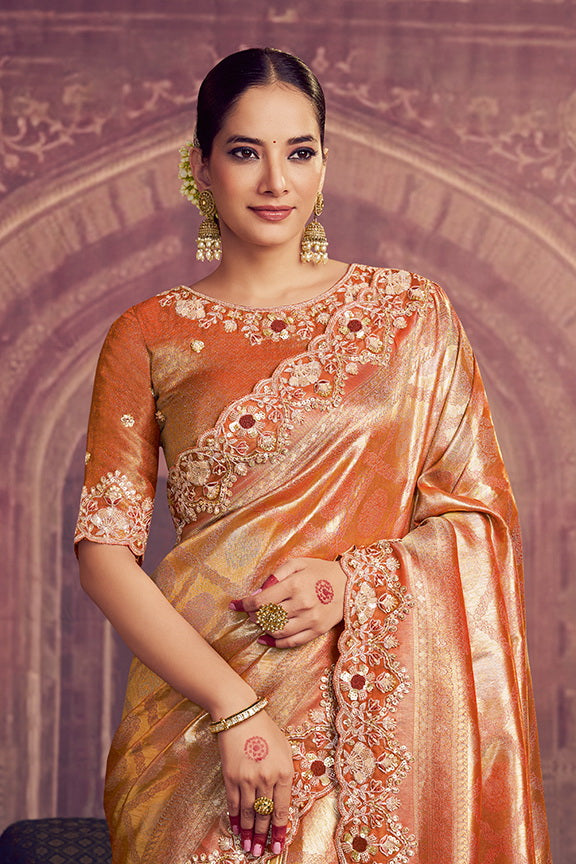 Rust Red Kanjivaram Pure Zari Silk Embroidery Work Designer Saree