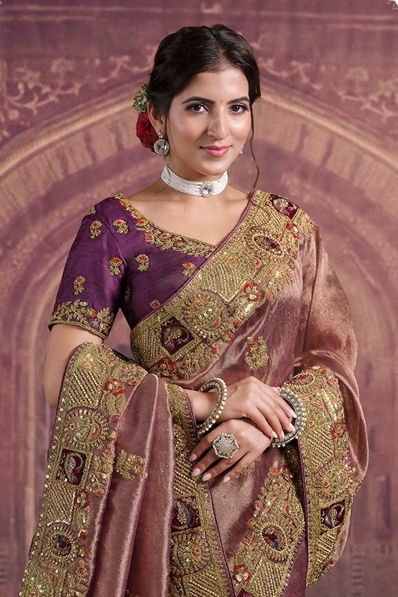 Wine Gold Zari Organza Silk Pure Khatli Work Saree