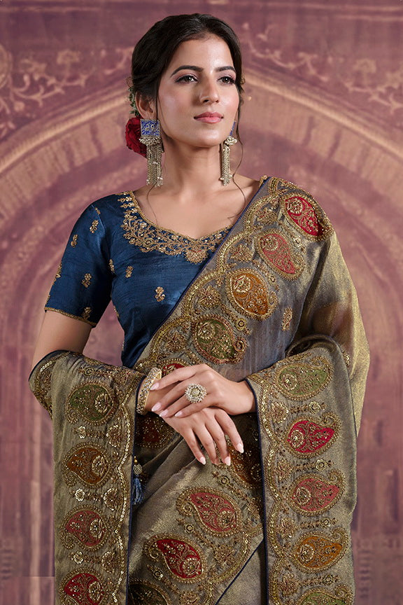 Teal Blue Zari Organza Silk Pure Khatli Work Saree