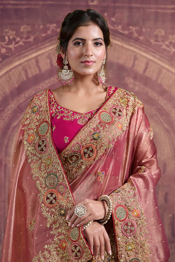 Peach Zari Organza Silk Pure Khatli Work  Saree