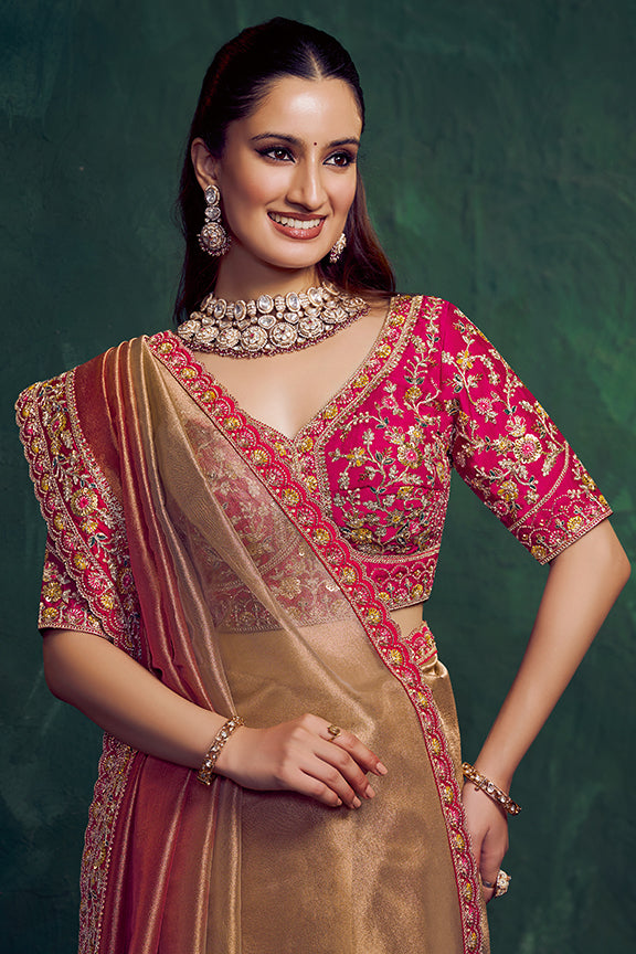 Rose Golden Kora Zari Tissue Silk Dual Beads Embroidery Saree