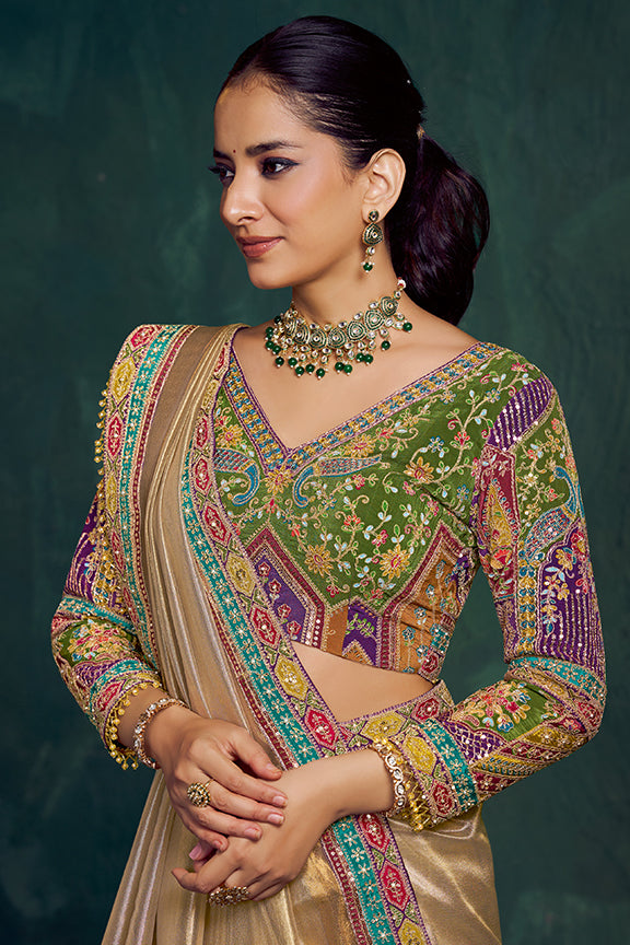 Light Golden Kanjivaram Zari Tissue Zari Sequence Saree
