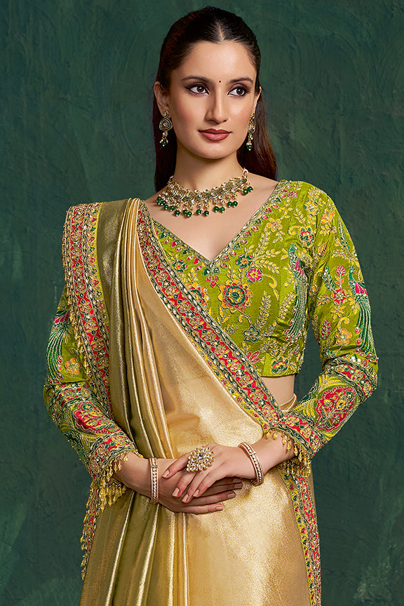 Green Shaded Kora Zari Tissue Silk Zari Position Work Saree