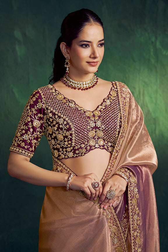 Wine Kora Zari Tissue Silk Golden Beads Saree