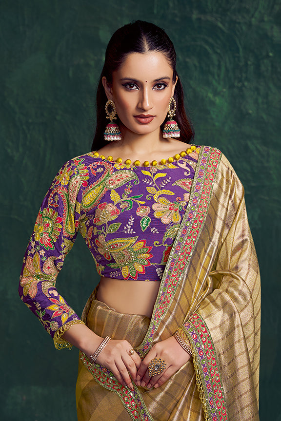 Light Golden Kanjivaram Zari Tissue Zari Work Saree