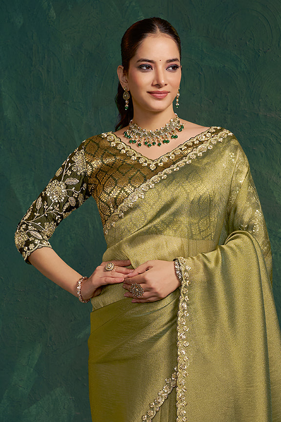 Olive Green Zari Tissue Silk Dual Sequence Saree