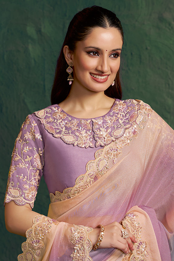 Purple Shaded Moss Georgette Diamond Work Saree