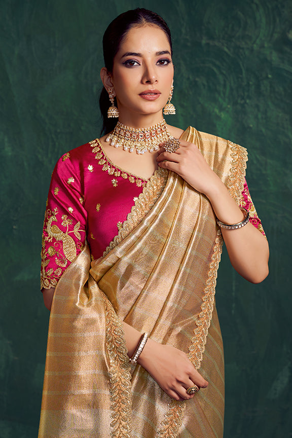 Light Golden Kanjivaram Zari Tissue Beads Work Saree