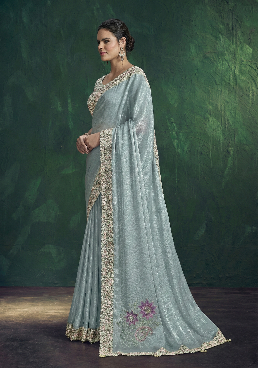 Sky Blue Two Tone Satin Silk Handwork Saree