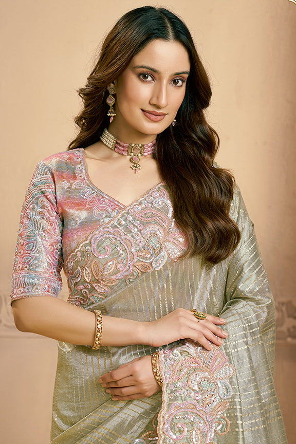 Sea-Green Handwoven Zari Tissue Embroidery Swarovski Work Designer Saree