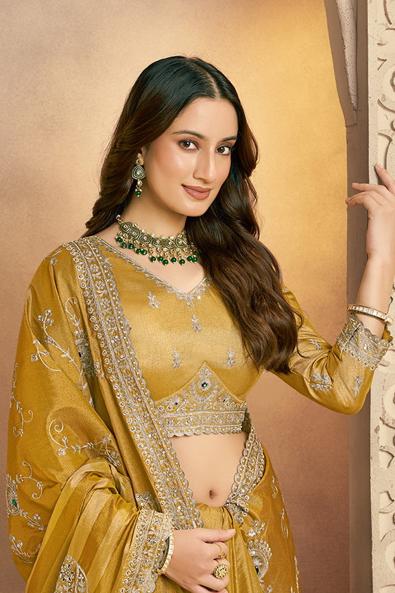 Mustard Kanjivaram Zari Silk Aari Work Embellished Designer Saree