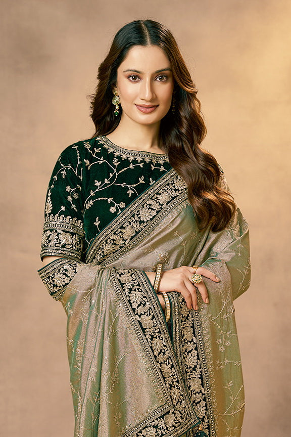 Green Kora Zari Tissue Silk Zardozi Handwork Designer Saree