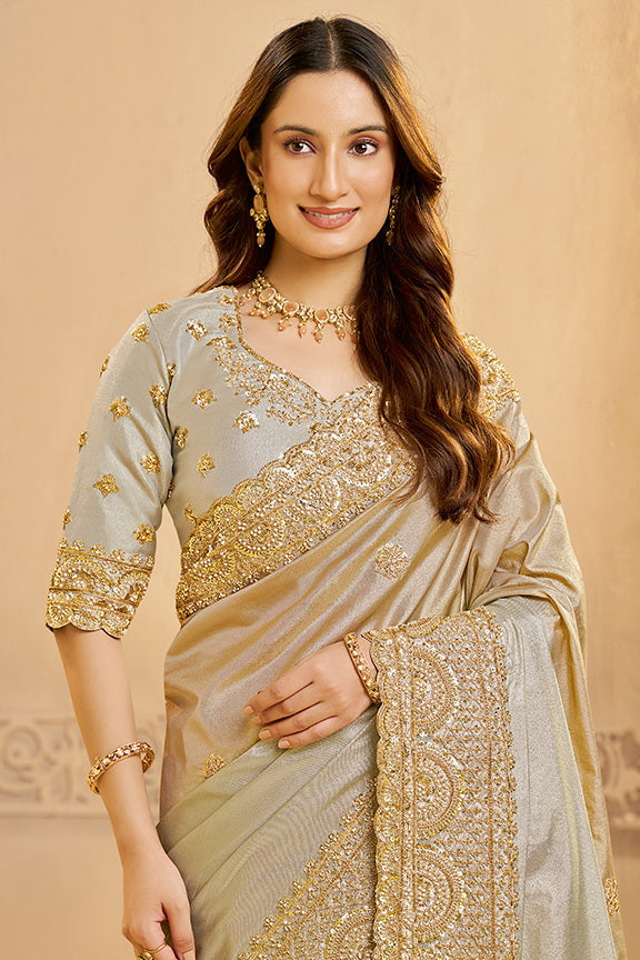 Metalic Silver  Metallic Kora Zari Silk Beads Work Designer Saree