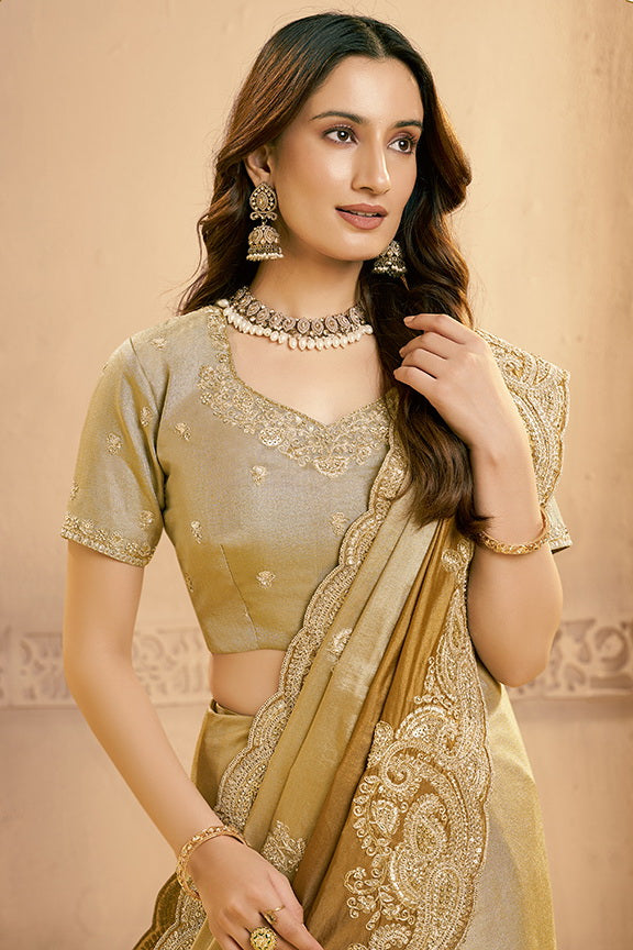 Metalic Golden Metallic Kora Zari Silk Beads Work Designer Saree
