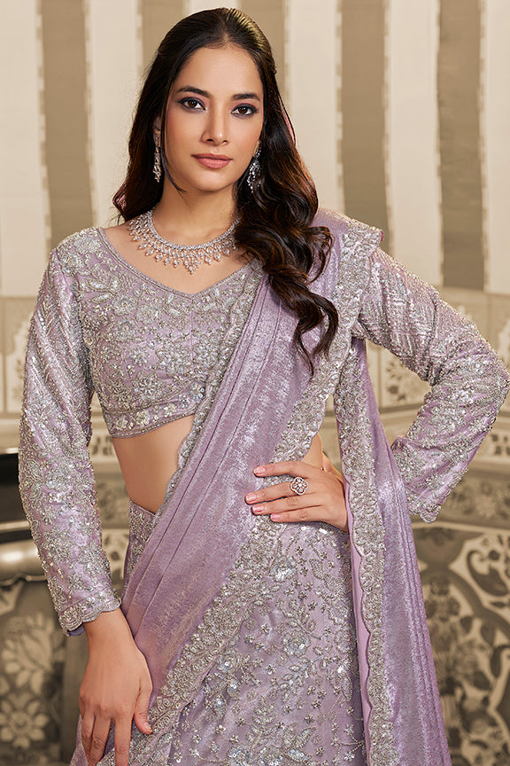 Lavender Foil Satin Beads Embellishment Lehenga Saree